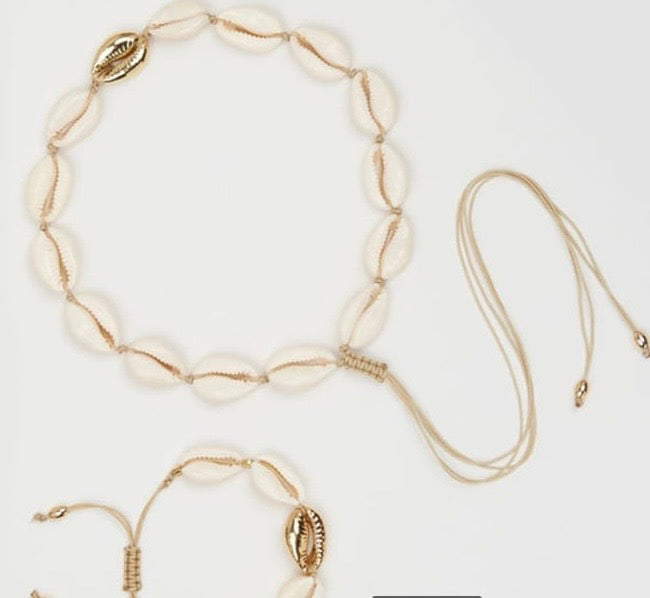 Natural Shell & Gold Choker with Anklet/Bracelet Set