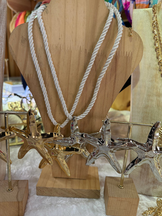 Hammered Starfish on Rope Choker & Earring Set In Gold & Silver