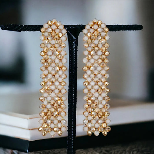 pearlescent shimmer grid statement drape earrings