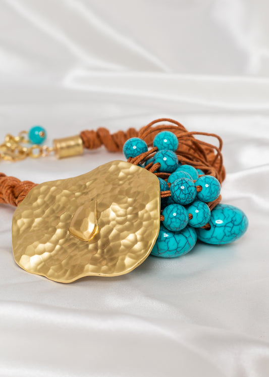 Island Elegance 🏝️ Girl Tan Rope Hammered Gold & Turquoise Orb Drop Earrings - GIRLS25