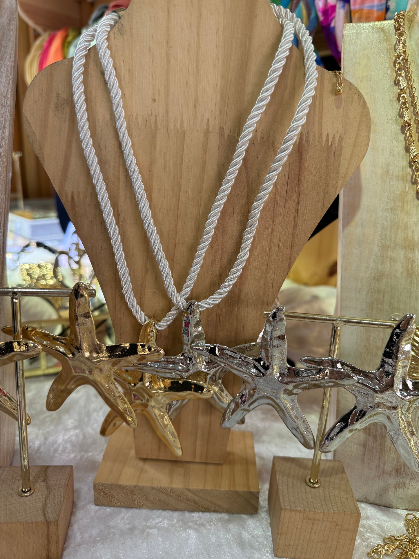 Hammered Starfish on Rope Choker Necklace in gold & silver