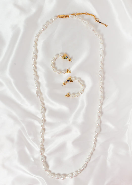 Baroque Pearl Long
Necklace & Pearl Fish Hoop Earring Set
