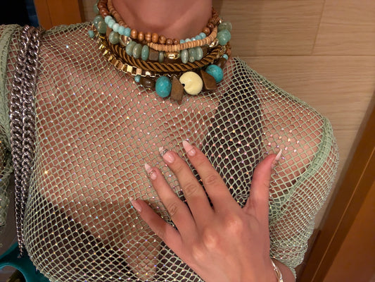 Island Girl Exaggerated Paris Beads & Buttons Choker Necklace In Turquoise & Brown - PRE-ORDER 10/09/26