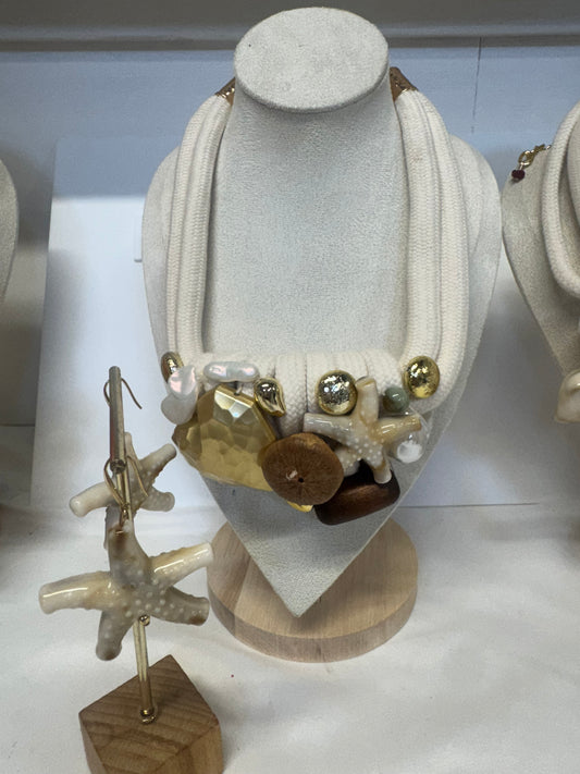 Island 🏝️ - Girl Ocean Love Rope Necklace & Starfish Earrings Set in Light Sand