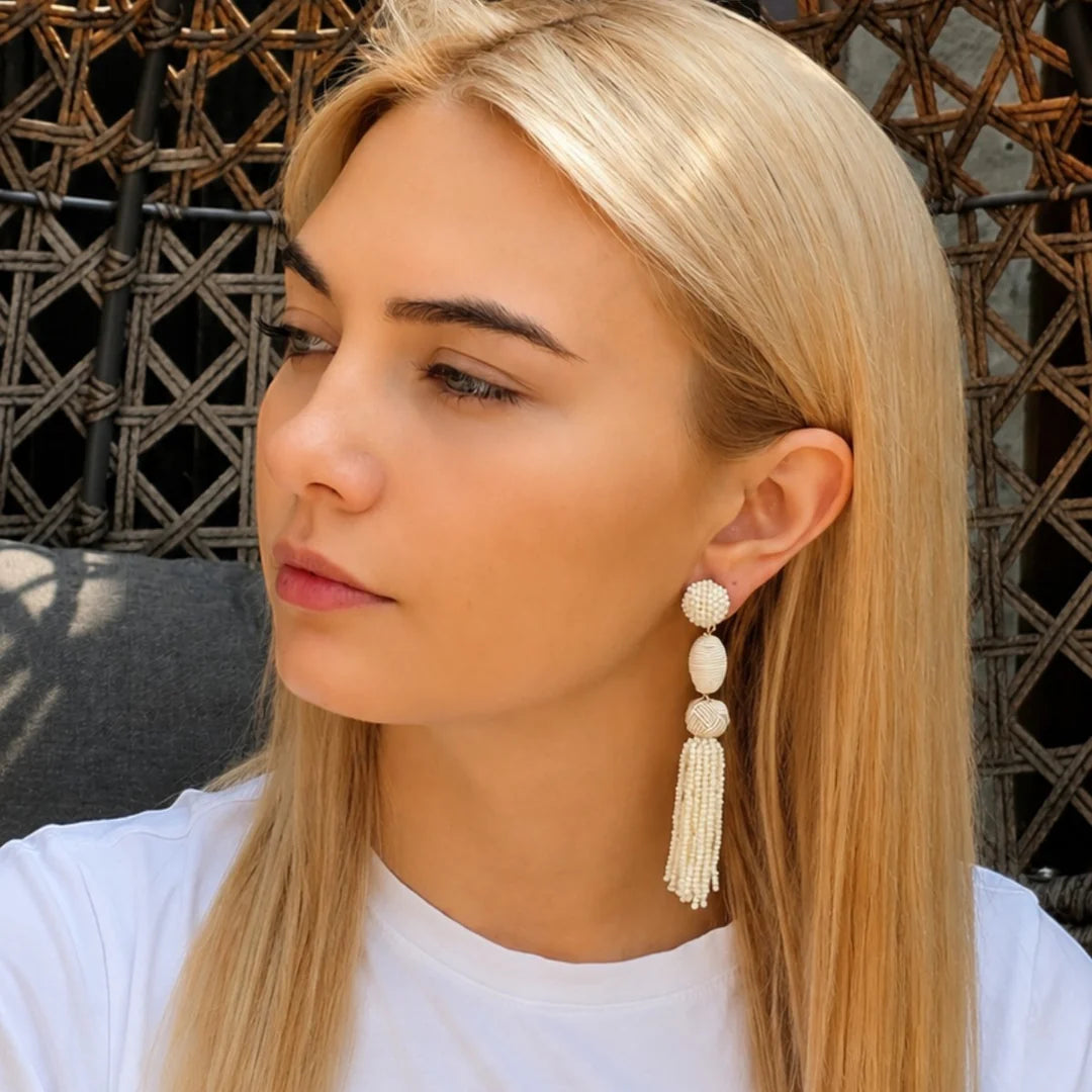 Ivory Woven Ball Tassel Earrings