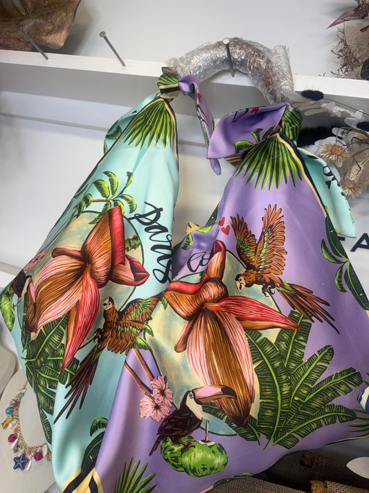 Tropical Silk Scarf Bag with Wooden Fish Handle