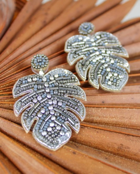Silver Tropical Leaf Luxury Beaded Earrings