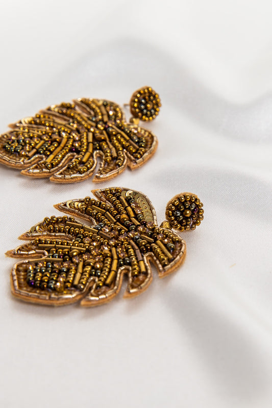 Gold Beaded Tropical Leaf Beaded Earrings