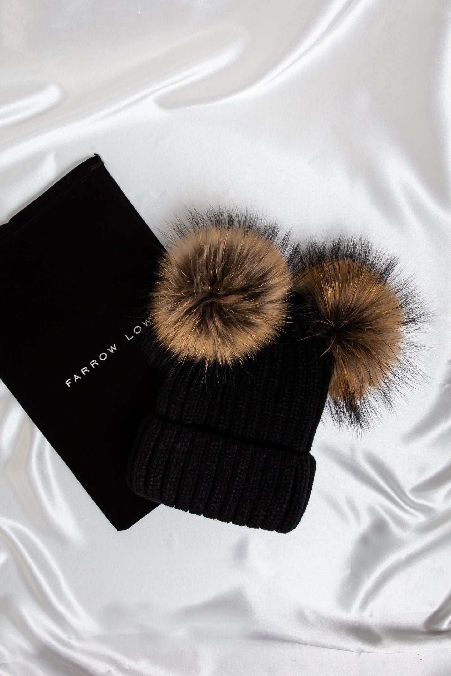 Adults Black With Tan Soft Fur Double Pom Pom Hat