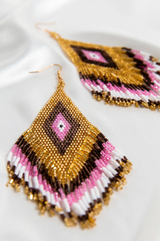 Shoulder Duster Earrings In Gold & Pink