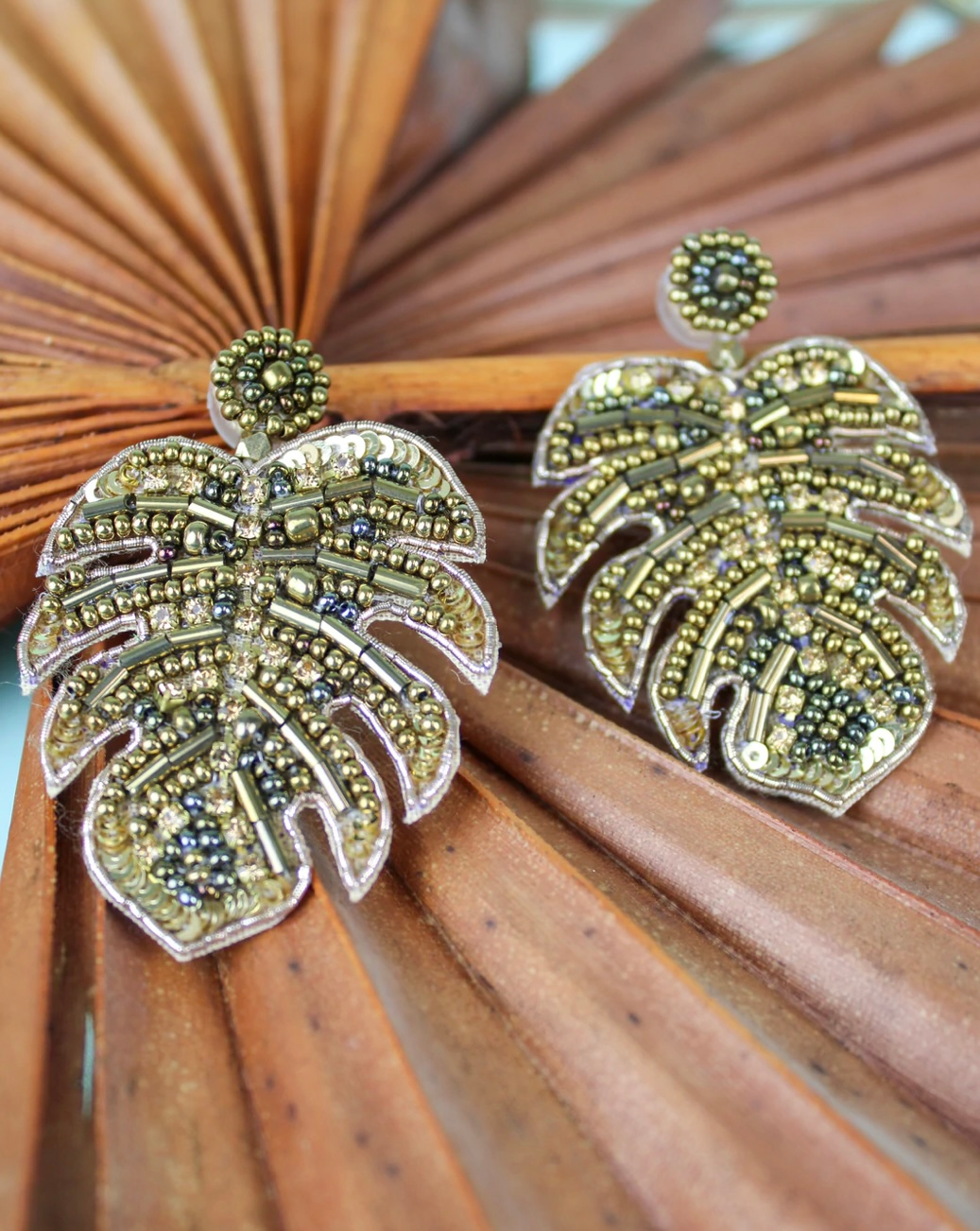 Gold Beaded Tropical Leaf Beaded Earrings