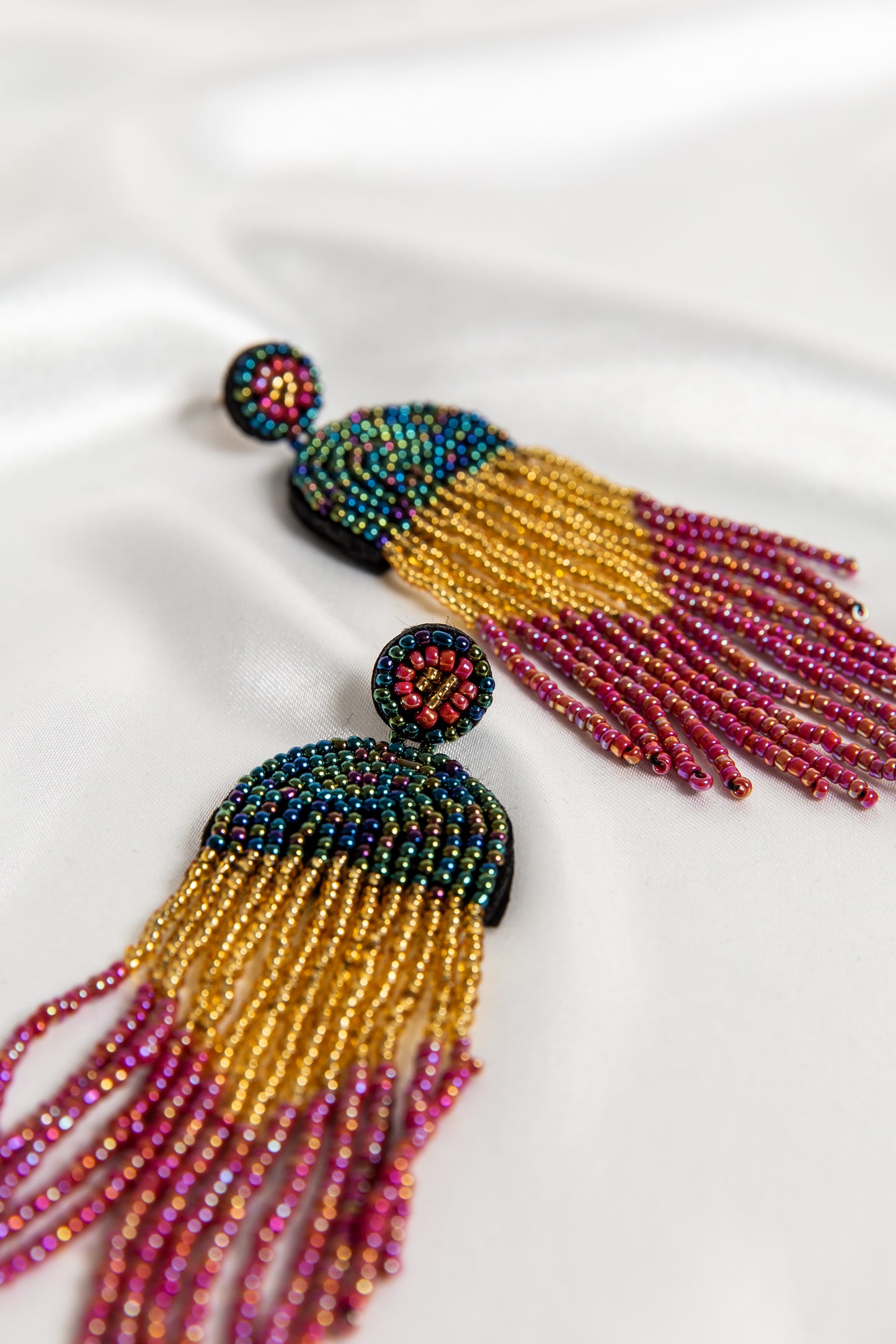 Rio Luxe Tasselled Earrings In Peacock, Gold & Red