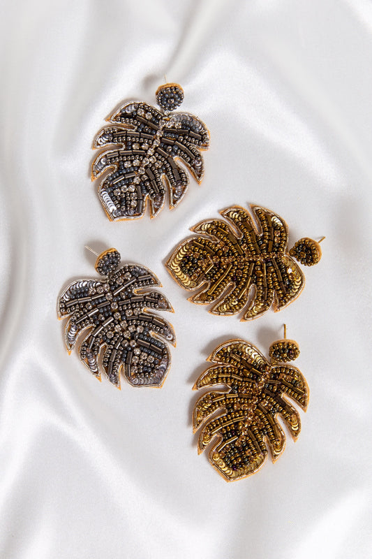 Silver Tropical Leaf Luxury Beaded Earrings