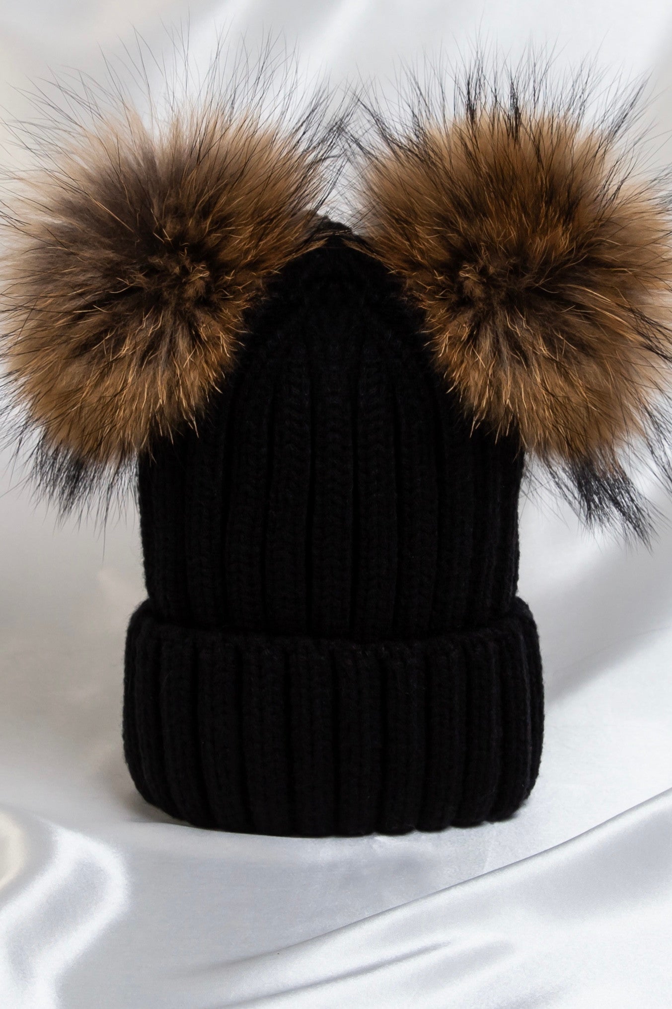 Adults Black With Tan Soft Fur Double Pom Pom Hat