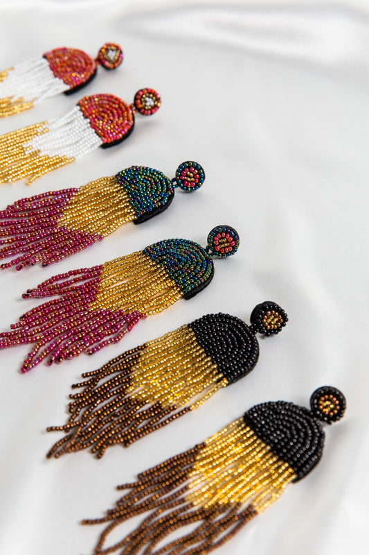 Rio Luxe Tasselled Earrings In Peacock, Gold & Red