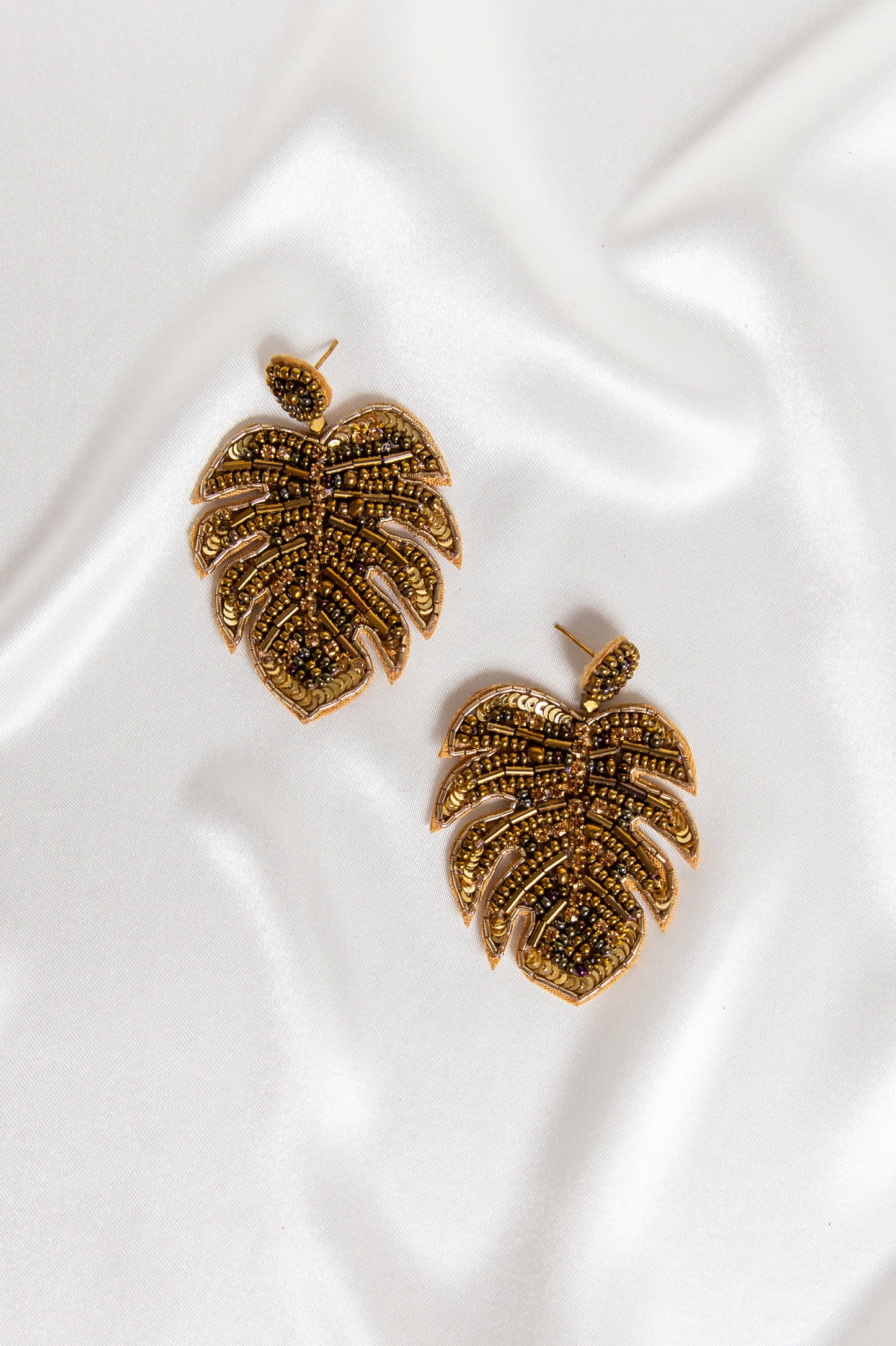 Gold Beaded Tropical Leaf Beaded Earrings