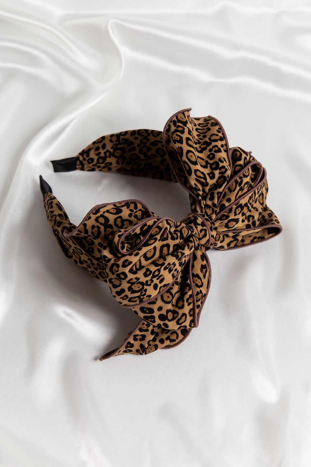 Beau Luxe Small Leopard Wired Bow Headband In Beige