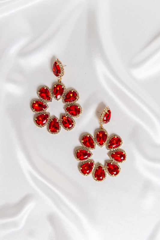Ruby Red Flower Oversized Halo Earrings