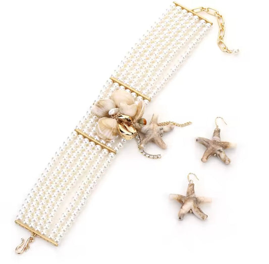 Island 🏝️ Girl Pearl & Starfish Choker & Earring Set