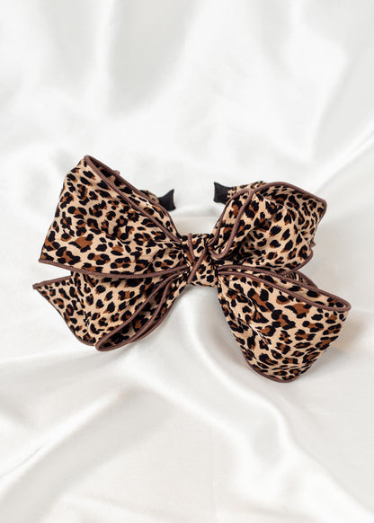 Beau Luxe Small Leopard  Wired Bow Headband In Beige