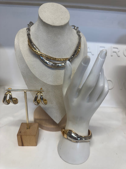 Shimeray Mixed Metal Choker, Bangle & Hoop Earring Set