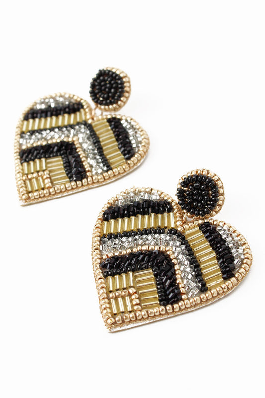 Chevron Black & Gold Heart Earrings