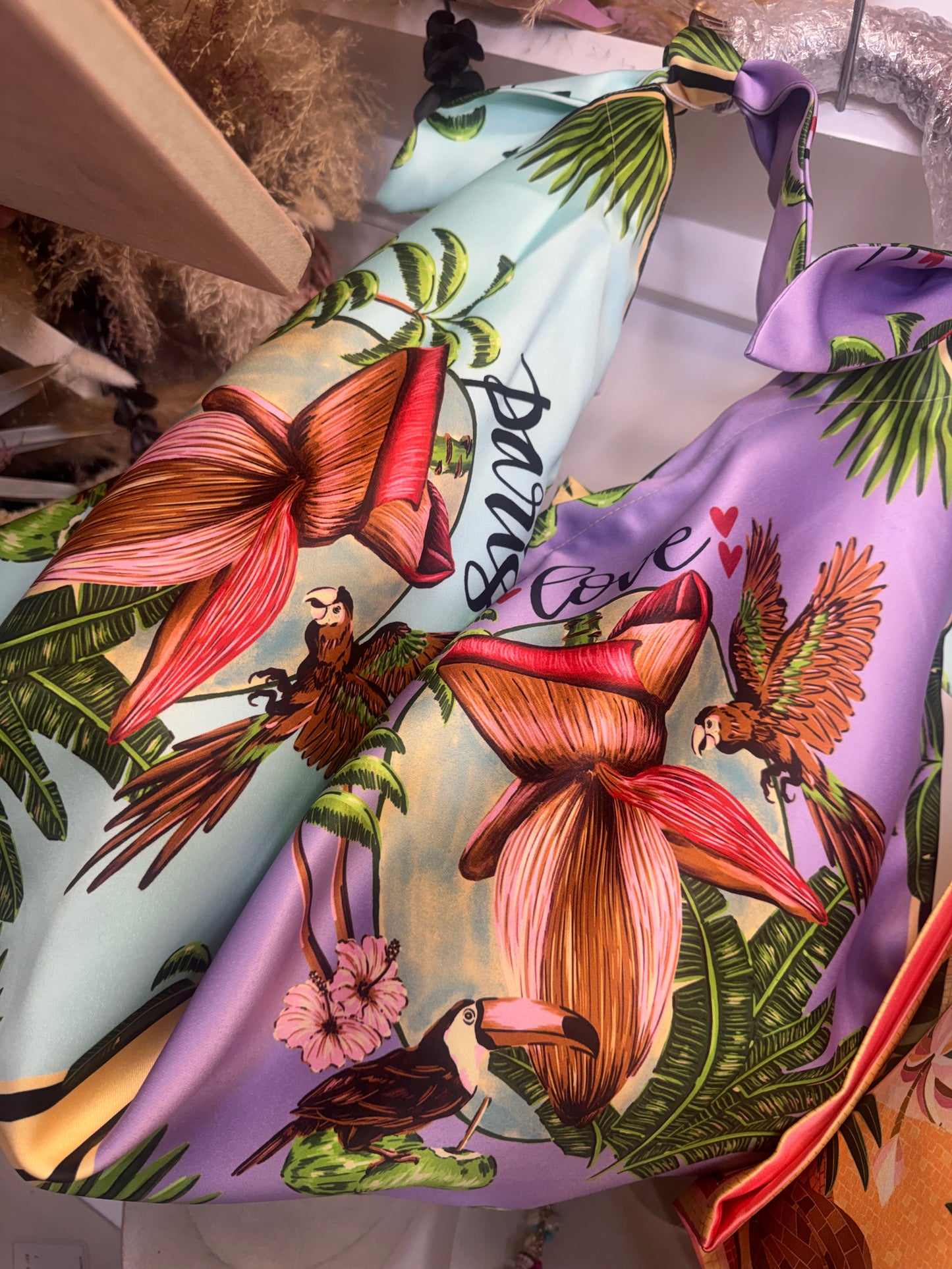 Tropical Silk Scarf Bag with Wooden Fish Handle