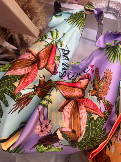 Tropical Silk Scarf Bag with Wooden Fish Handle