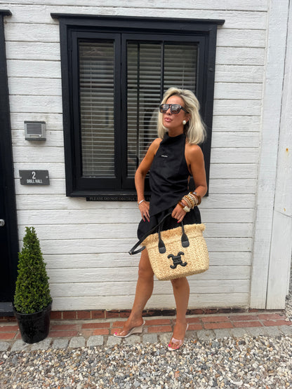 Cici Raffia Mini Tote Bags In Black or Tan Logo