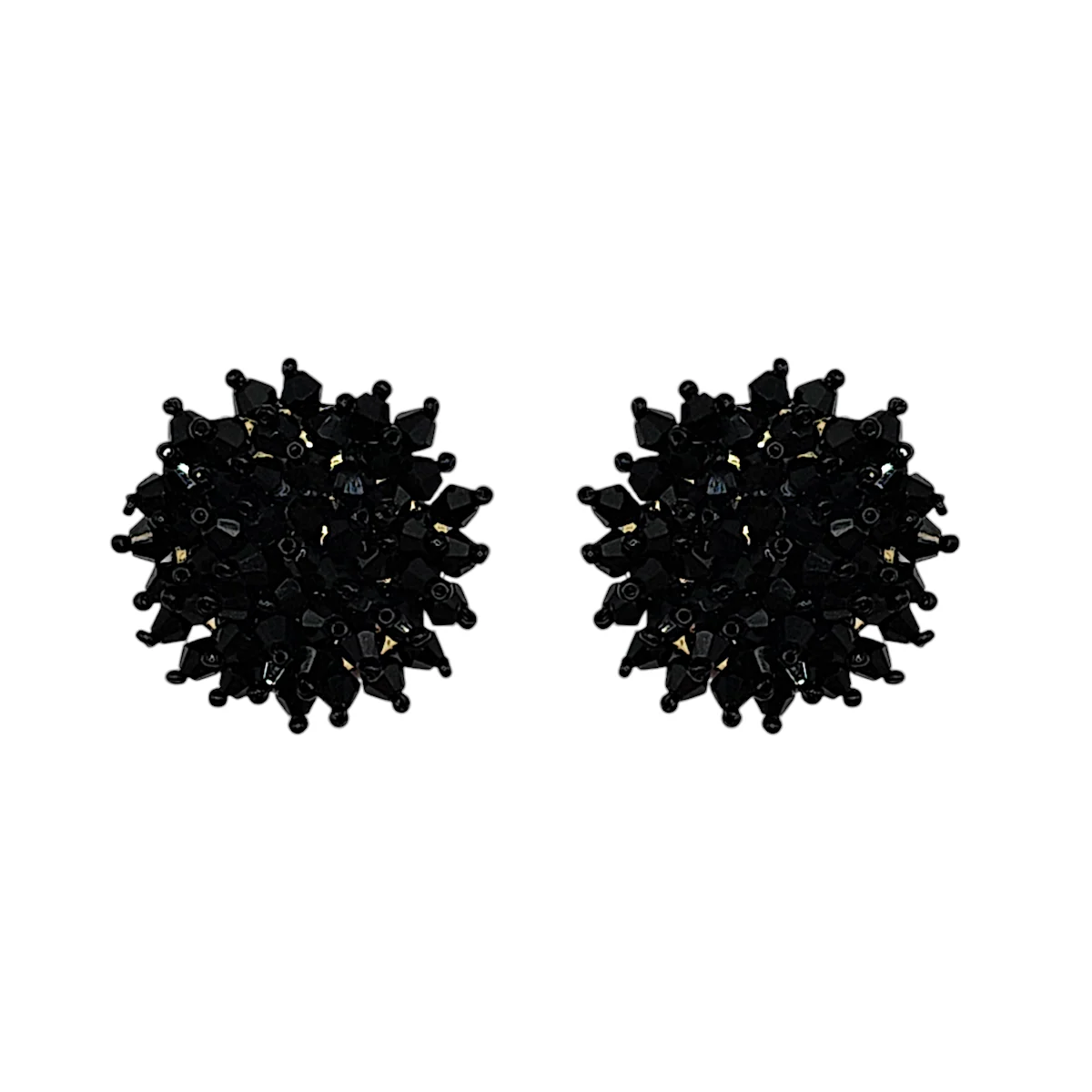 Black Glass Bead Flower Cluster Stud Earrings