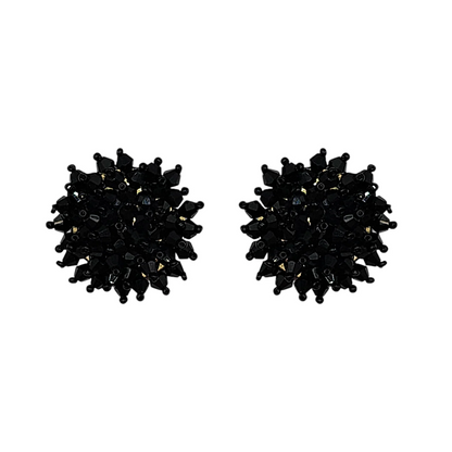 Black Glass Bead Flower Cluster Stud Earrings