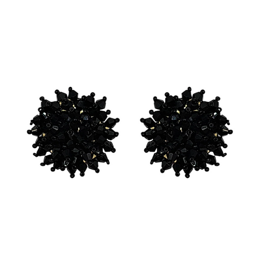 Black Glass Bead Flower Cluster Stud Earrings