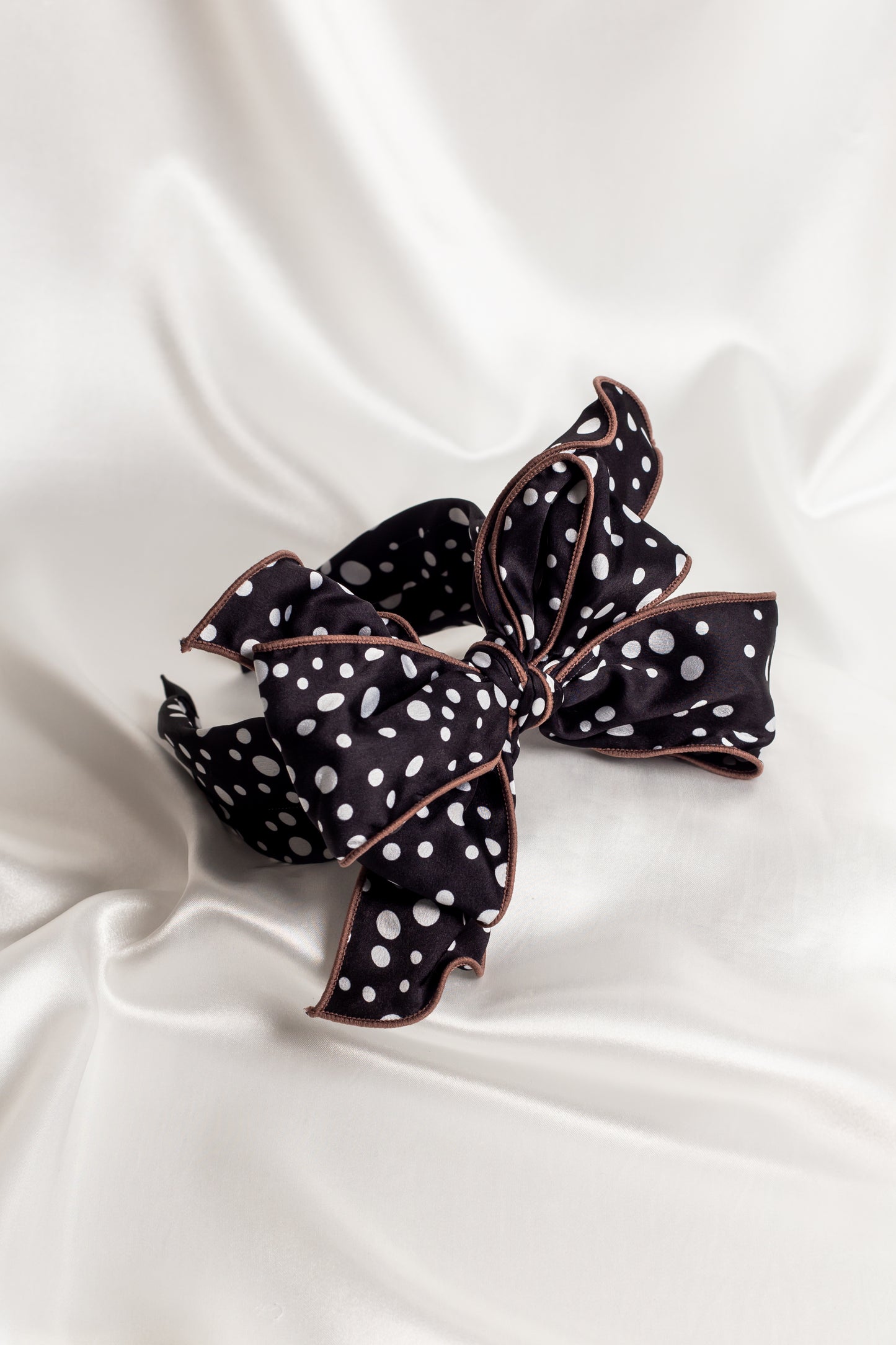 Beau Wired Bow Headband Black With White Spots