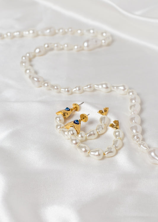 Baroque Pearl Long
Necklace & Pearl Fish Hoop Earring Set