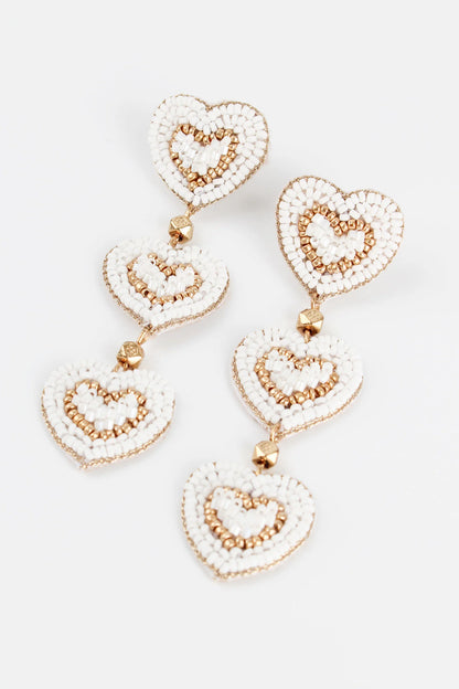 Triple White Heart Drop Beaded Earrings - Galentines Collection X