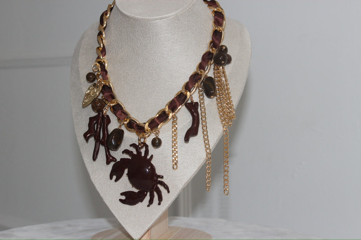 Lucky Crab - Ribbon Charm Necklace In Brown