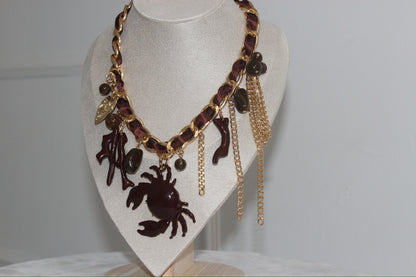 Lucky Crab - Ribbon Charm Necklace In Brown