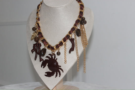 Lucky Crab - Ribbon Charm Necklace In Brown