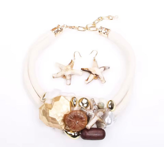 Island 🏝️ Girl Starfish & Heart Rope Necklace & Starfish Earrings Set in Light Sand
