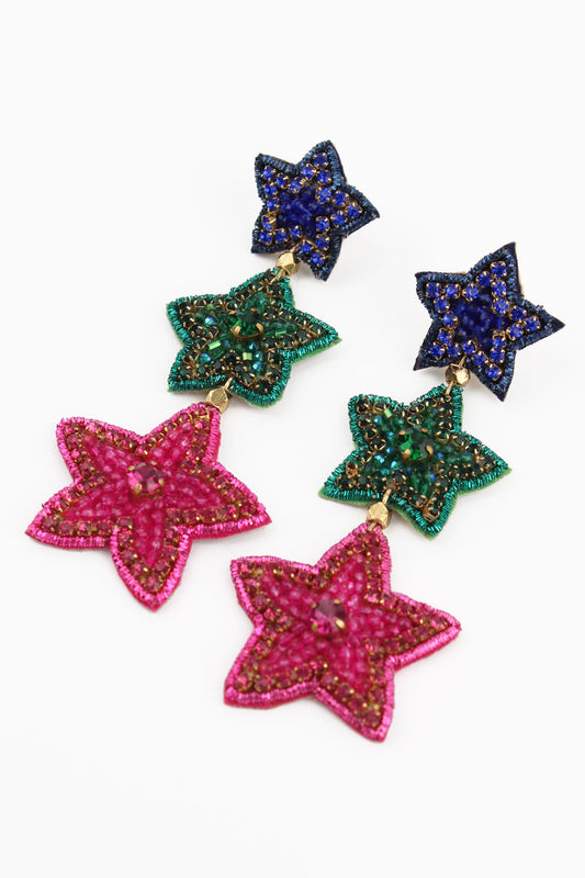 Rainbow 3 Star Beaded Drop Earrings