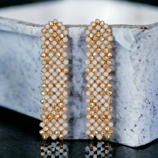 pearlescent shimmer grid statement drape earrings