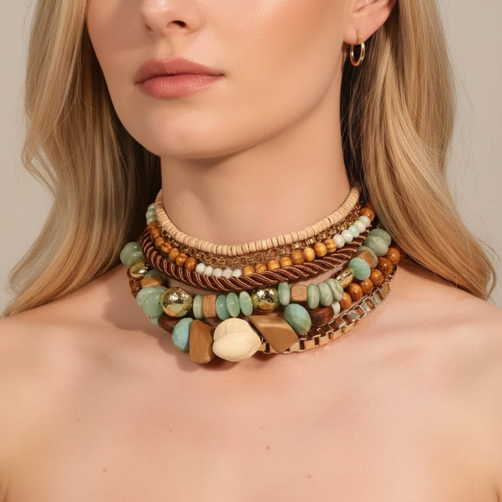 Island Girl Exaggerated Beads & Buttons Choker Necklace Set In Turquoise Blue (Copy)