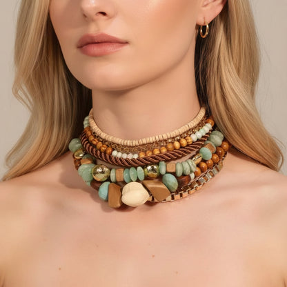 Island Girl Exaggerated Beads & Buttons Choker Necklace Set In Turquoise Blue (Copy)