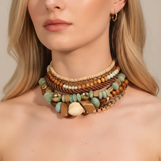 Island Girl Exaggerated Beads & Buttons Choker Necklace Set In Turquoise Blue (Copy)
