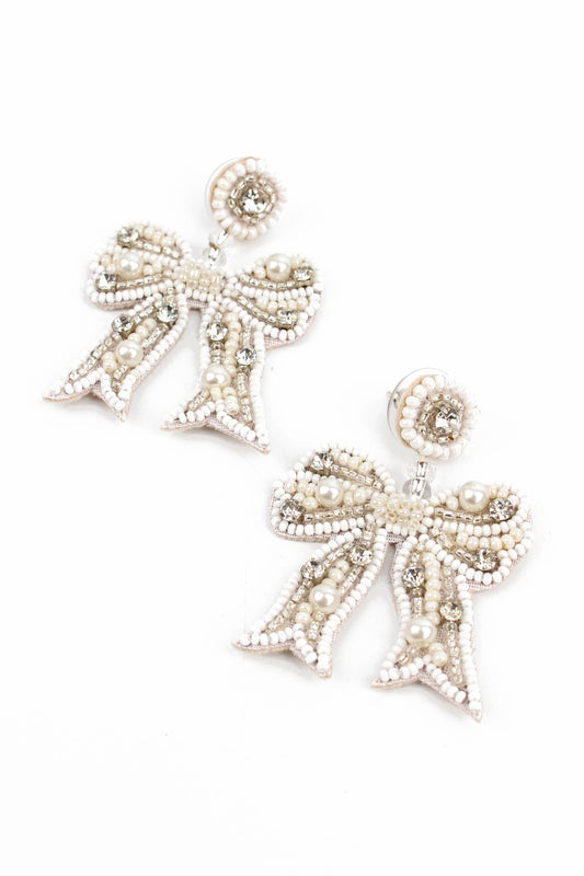 Silver Beaded Bow Earrings