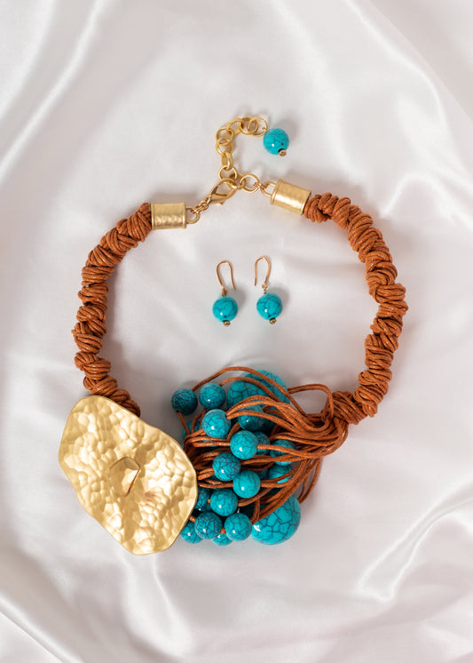 Island Elegance 🏝️ Girl Tan Rope Hammered Gold & Turquoise Orb Drop Earrings