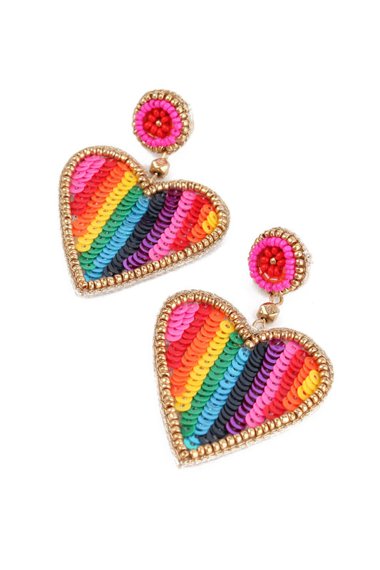 RAINBOW STRIPE BEADED HEART EARRINGS - Galentines Collection X