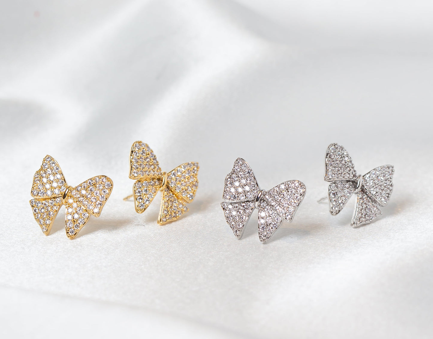 Crystal Bow Statement Stud Earrings in Gold & Silver