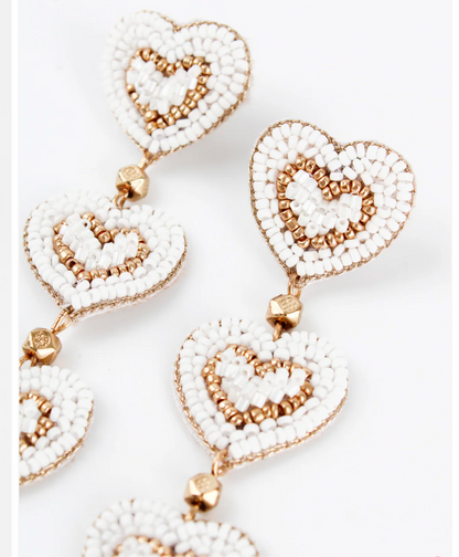 Triple White Heart Drop Beaded Earrings - Galentines Collection X