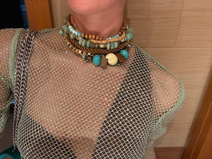 Island Girl Exaggerated Paris Beads & Buttons Choker Necklace In Turquoise & Brown - PRE-ORDER 10/09/26